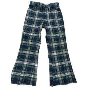 Vintage MANN Plaid Flare Pants Green Blue Tartan 70s Style Boys W22 Retro